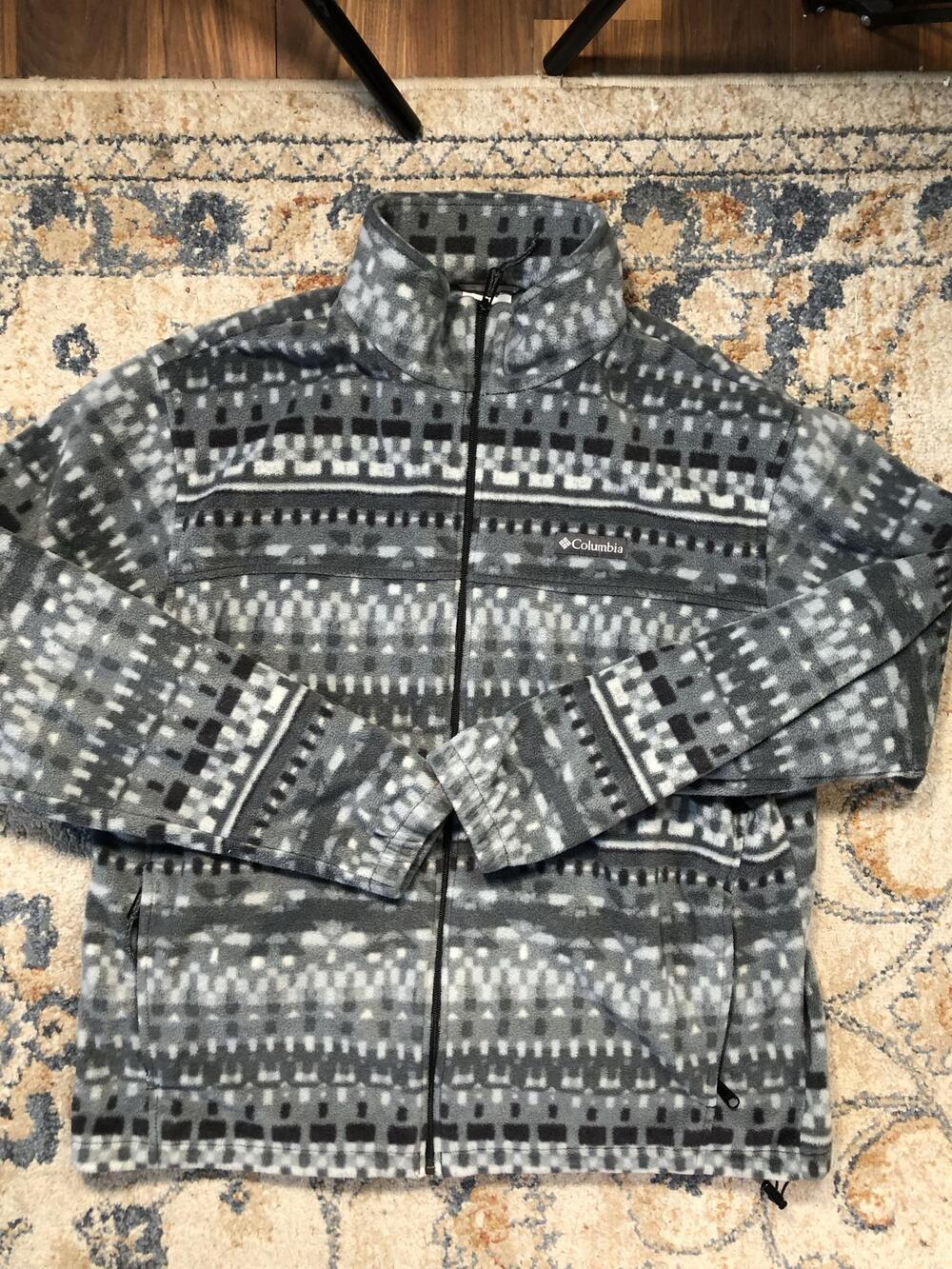 Columbia Jacket Mens XL Gray Fleece Full Zip Geometric Print Hiking Outdoor